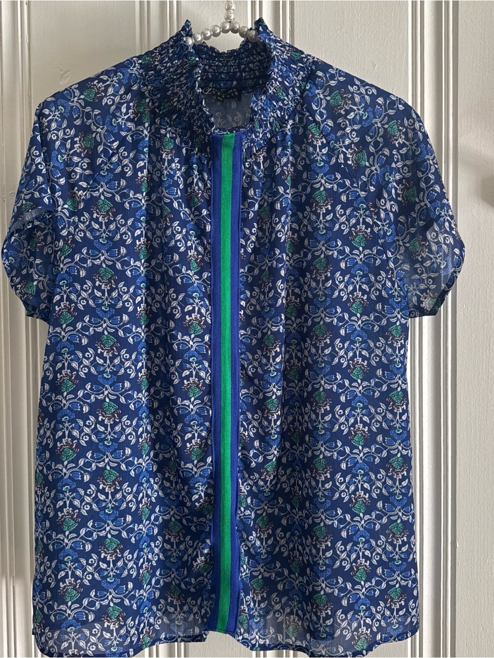 Blue Floral Short-Sleeve Blouse with Smocked Neck